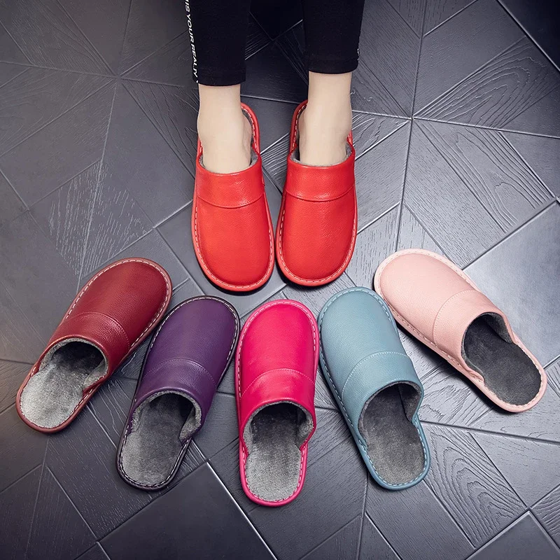 Genuine Leather Thermal Insulation for Home Use Cowhide Cotton Slippers Autumn Winter Men Women's Indoor Anti-skid Waterproof