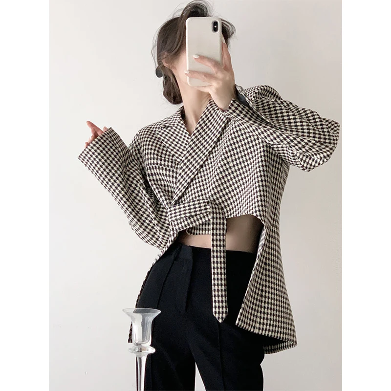 Autumn Winter Street Style Houndstooth Printed Irregular Blazers Female Loose Casual Tank Top Women Trend Fashion Cardigan Coat