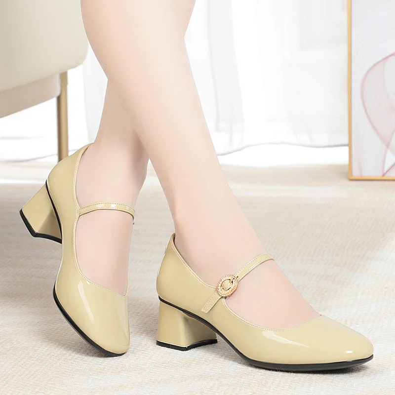 2023 Autumn New Women\'s High Heels Fashion Chunky Heel Casual Party Career Work Mary Jane Soft Leather Shoes