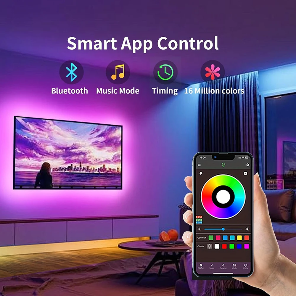 Vibrant RGB LED Strip Lights with Music Sync - Flexible Decorative Lighting for Room and Party Atmosphere