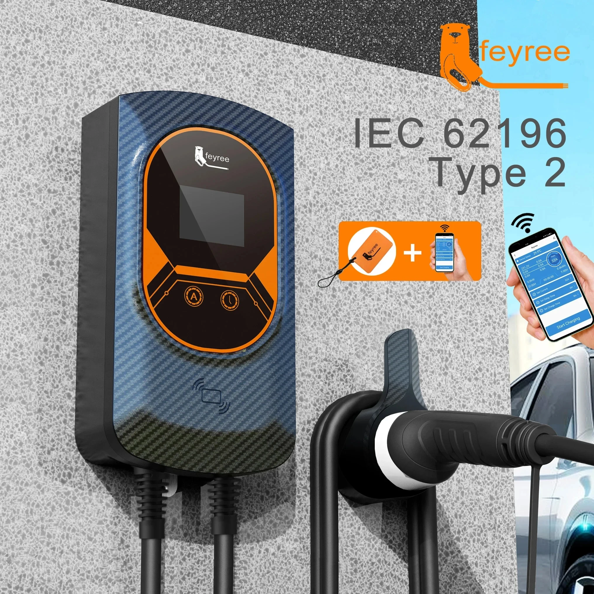 feyree EVSE Wallbox 7.6KW 11KW 22KW EV Charging Station 32A Electric Vehicle Car Charger Wallmount Type2 Cable APP WIFI Control car battery charger,ev charger