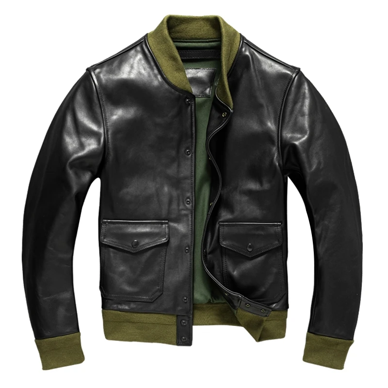 

Military Style Black Autumn A1 Pilot Jacket Men Plus Size 4XL Natural Horsehide Aviation Genuine Leather Coat