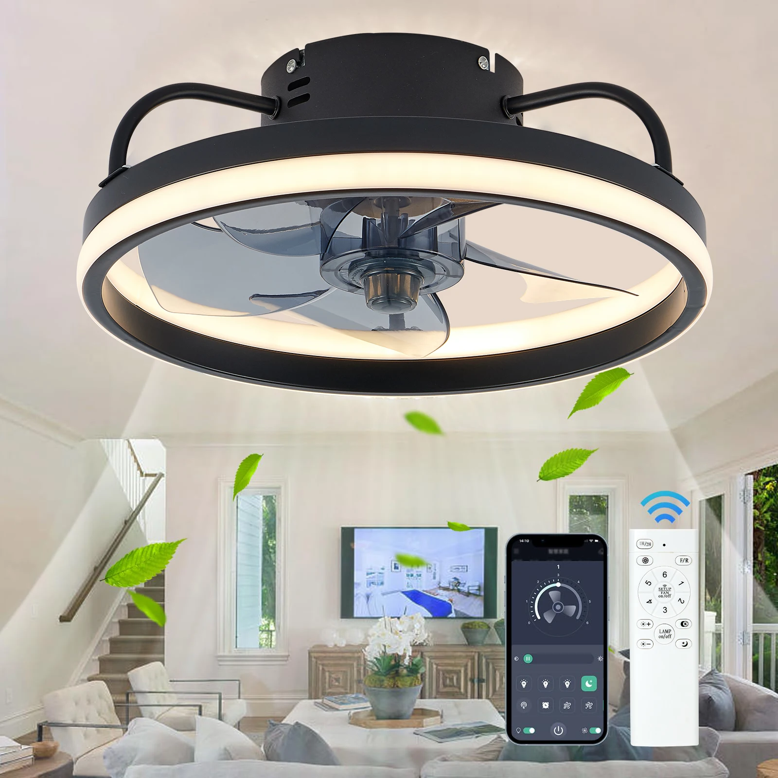 LED ceiling fan light DC motor with light power 55W bedroom decoration ventilation fan ligh90V~265V invisible blade mute 4