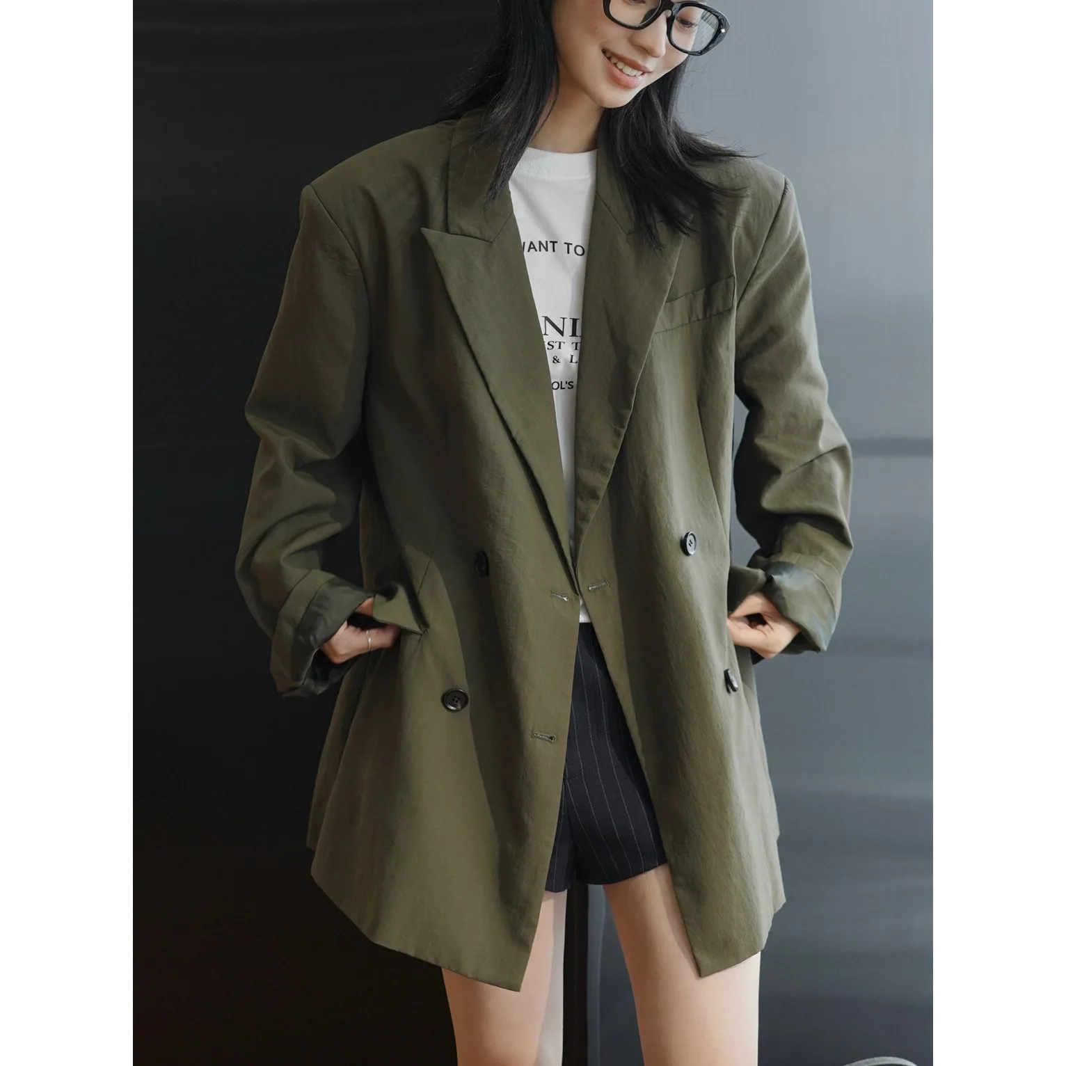 Autumn New Korean Version Fashion Retro Wide Shoulder H-shaped Suit Loose and Slim Casual Commuter Coat for Women