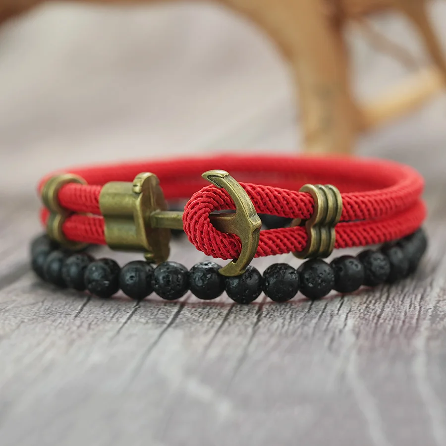 Men Anchor Bracelet Lava Stone Beaded 6 Colors