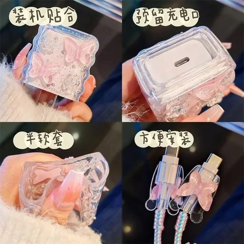 Cute 3D Butterfly Protector Cover For iPhone 18/20W Data Line Head Cord Charger Protective Case USB Cable Winder Wire Protectors