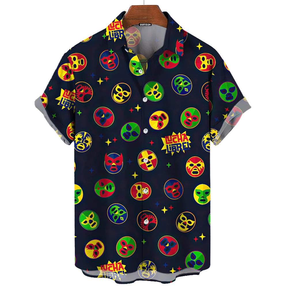 3d Mask Print Men's Shirt Summer lucha libre Short Sleeve Shirt  Casual Hawaiian Shirt For Men Loose Clothing Mexican Wrestling 3