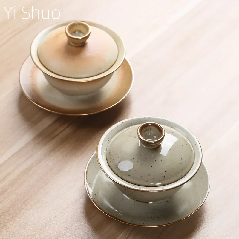 Stoneware Tea Bowl Gaiwan Tea Cup Three Pieces Making Bowl Retro Domestic Kung Fu Handmade Kung Fu Set gaiwan