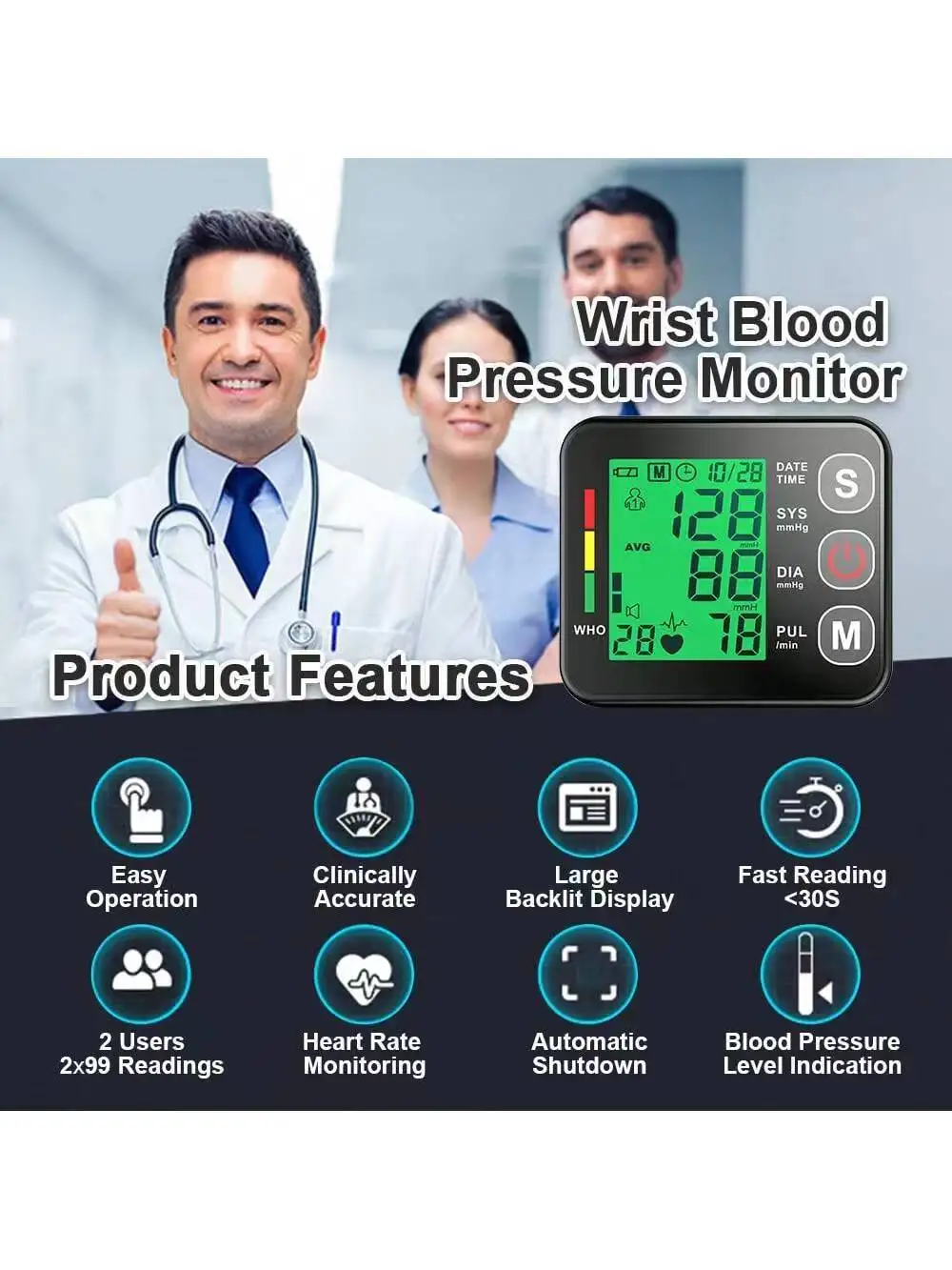 Electronic Sphygmomanometer Blood Pressure Monitor Measure Heart Rate and Pulse