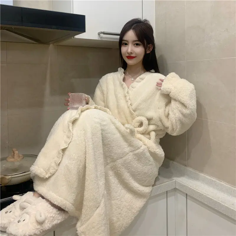 Ruffles Robe for Women Belt Sleepwear Fleece Night Wears Nightdress Winter Pajama Solid Nightgown Long Sleeve Warm Homewear