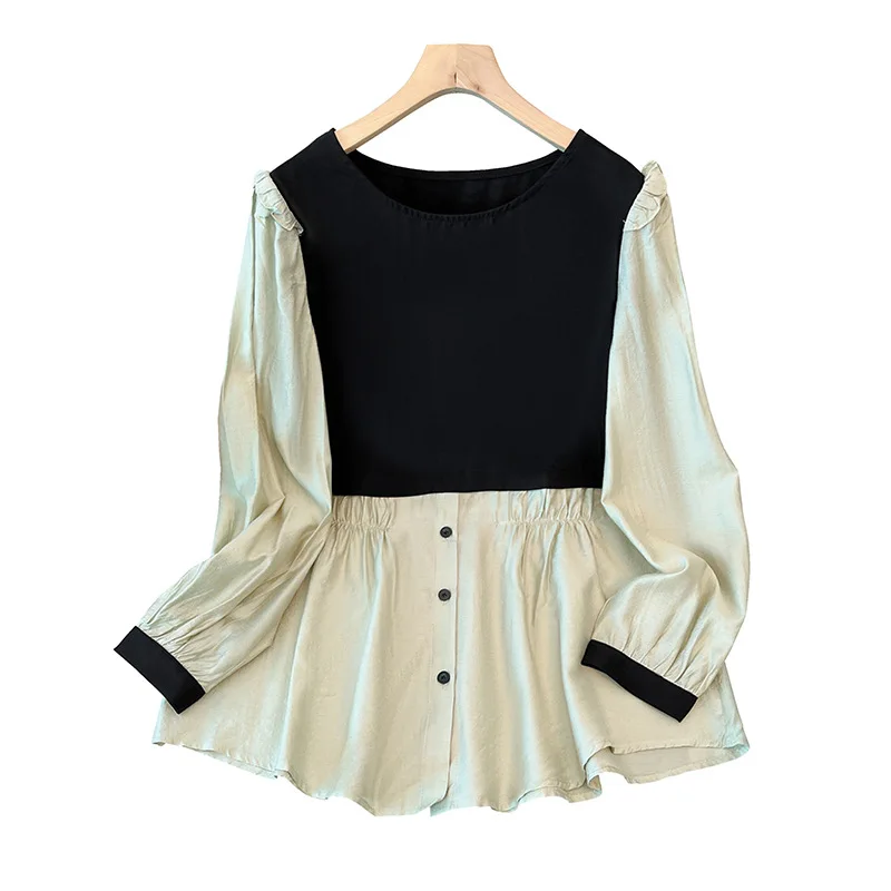 160Kg Plus Size Women\'s Bust 160 Spring Autumn Contrast Patchwork Fake Two Piece Shirt Loose Top 6XL 7XL 8XL 9XL 10XL