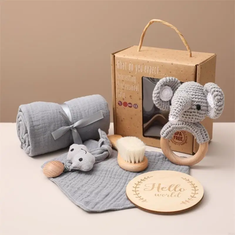 Baby Gift Box Set for Boys Girls Includes Wrap Blanket Rattle Pacifier Clip Chain Brush and Wooden Round Board
