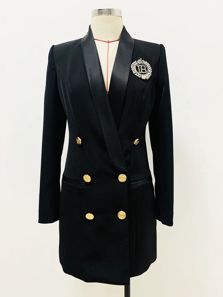 HIGH STREET Newest 2024 Designer Fashion Women's Metal Button Rhinestone Diamonds Beading Badge Shawl Collar Long Blazer 3