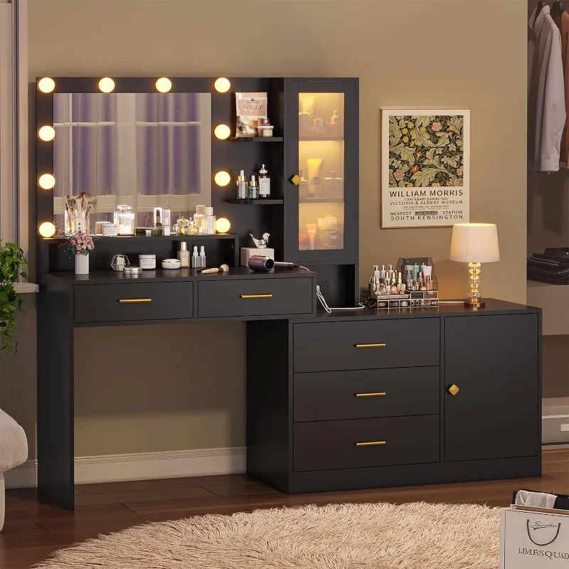 

Large Makeup Vanity with Lights Vanity Desk with Mirror, Modern Vanity Table Set with Drawer Dresser, Charging Station