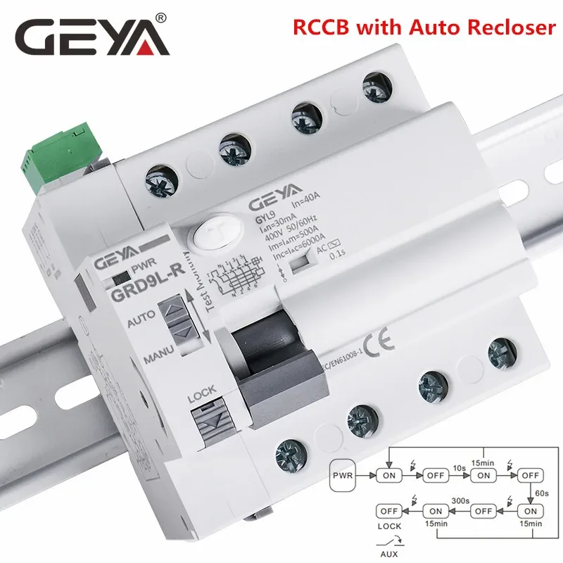 GEYA GRD9L-R RCCB Automatic Self-Reclosing Device Circuit Breaker 2P 40A 30mA 100mA 300mA RCD Smart Breaker AC Type