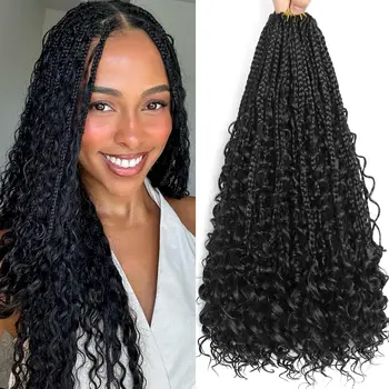 14/18/24 Inch Goddess Box Braids Crochet Hair Pre Looped Boho Crochet Box Braids With Curly Ends Synthetic Hair 1