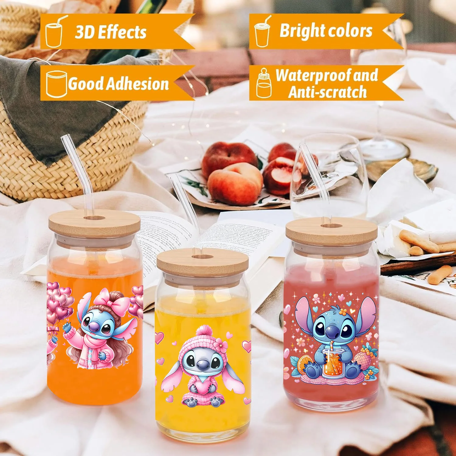 Valentine Cute Stitch Series Easy peel waterproof DIY Decals 3D transfers uvdtf stickers 16oz uv dtf tumbler cup wraps sticker