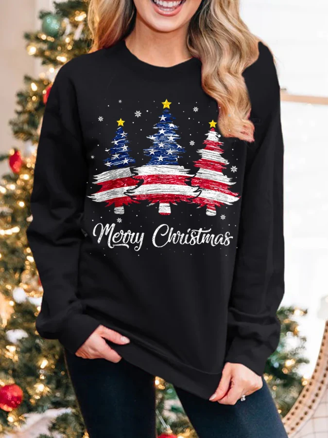 Merry Christmas Tree Pullover American Flag Casual Sweatshirt Female Vintage Hoodies Fashion Y2K Sweat-shirt