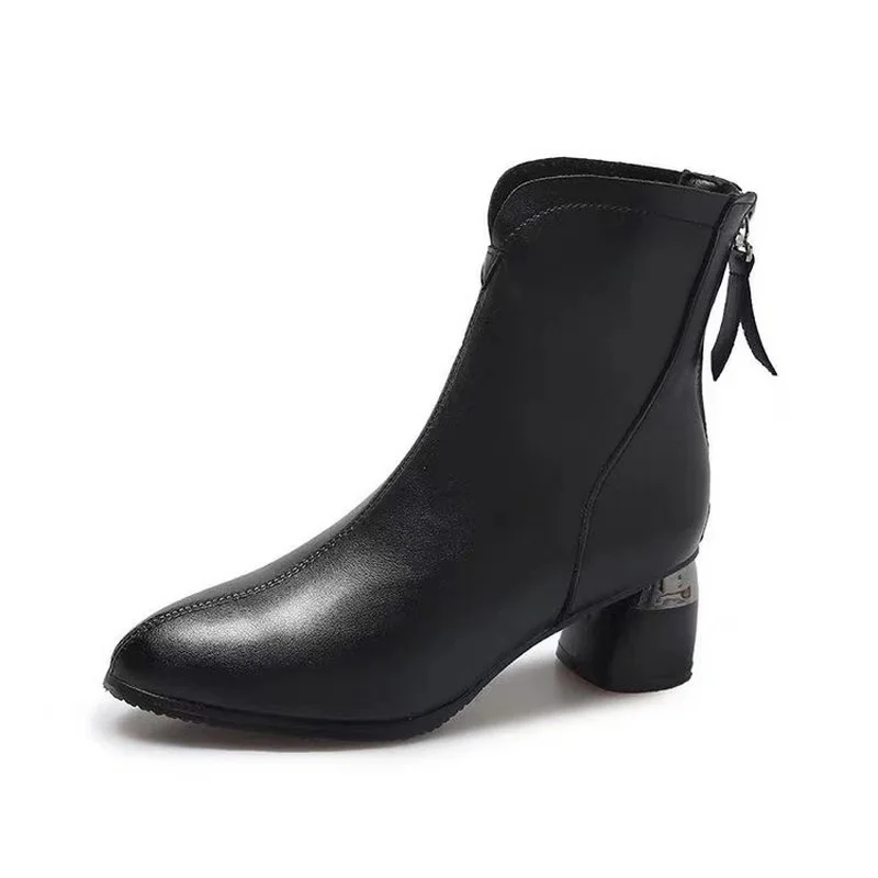 Retro Chunky High Heel Women & Girls Chelsea Boots Winter And Autumn Female Leather Shoes Pointed Toe Size 35-40