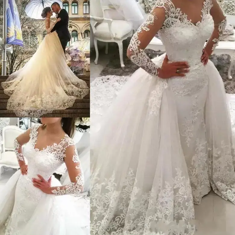 

Wedding Dresses Detachable Train Lace Long Sleeve Vintage Bridal Gowns Plus Size Vestido Novia