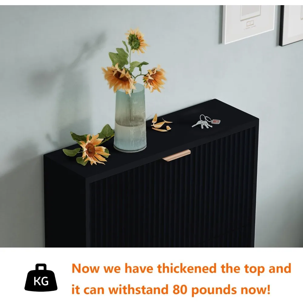 Modern Shoe Cabinet with 2 Flip Drawers, Freestanding Entryway Organizer, Black Narrow Shoe Rack Storage