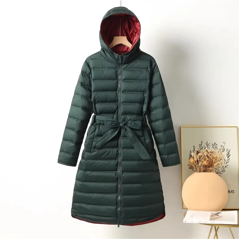 

Autumn Winter New Arrivlas Women Ultra Light Weight 90% White Duck Down Sashes Jackets 2024 Two-color Splicing Down Long Coat