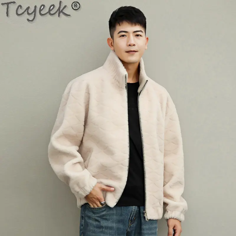 

Куртка Tcyeek из овчины, мужские модные куртки со стоячим воротником из зернистой шерсти, Мужская одежда, уличная одежда, зимнее теплое пальто из натурального меха, мужская одежда