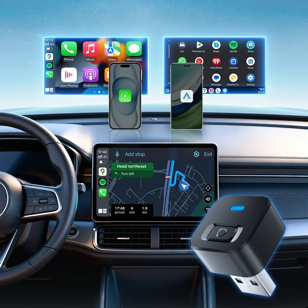 OTTOCAST Mini Dot Wireless CarPlay Android Auto Adapter 2 in 1 Dongle Wifi 5.2 Plug and Play Car Accessories for Totoya VW Benz