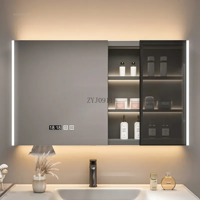 Modern Solid Wood Bathroom Smart Mirror Cabinet with Light Defogging Bathroom Furniture Beauty Mirror with Storage Locker