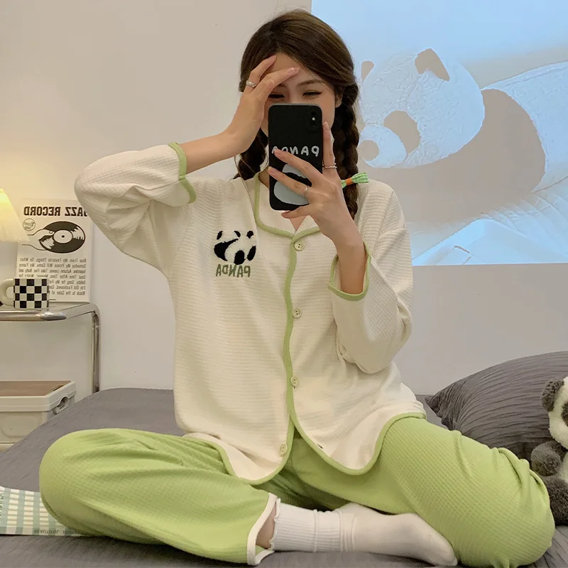 Women 2 Pieces Pajamas Sets Cotton Pijama Print Female Pyjama Sleepwear Long Sleeve Lapel Shirt Pants Suit Homewear Loungewear