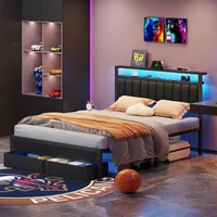 Bed Frame with Charging Station and LED Lights, Grey Upholstered Headboard with Shelves, Metal Platform Bed, Customized 5