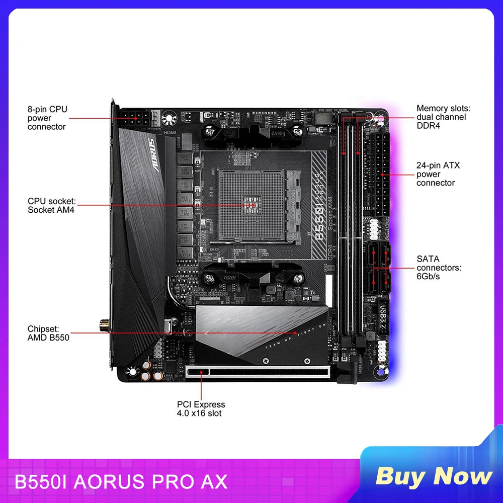 Scheda Madre Desktop Per Gigabyte B550 Am4 Ddr4 64Gb Pci-E 4.0 Mini-Itx B550I Aorus Pro Ax