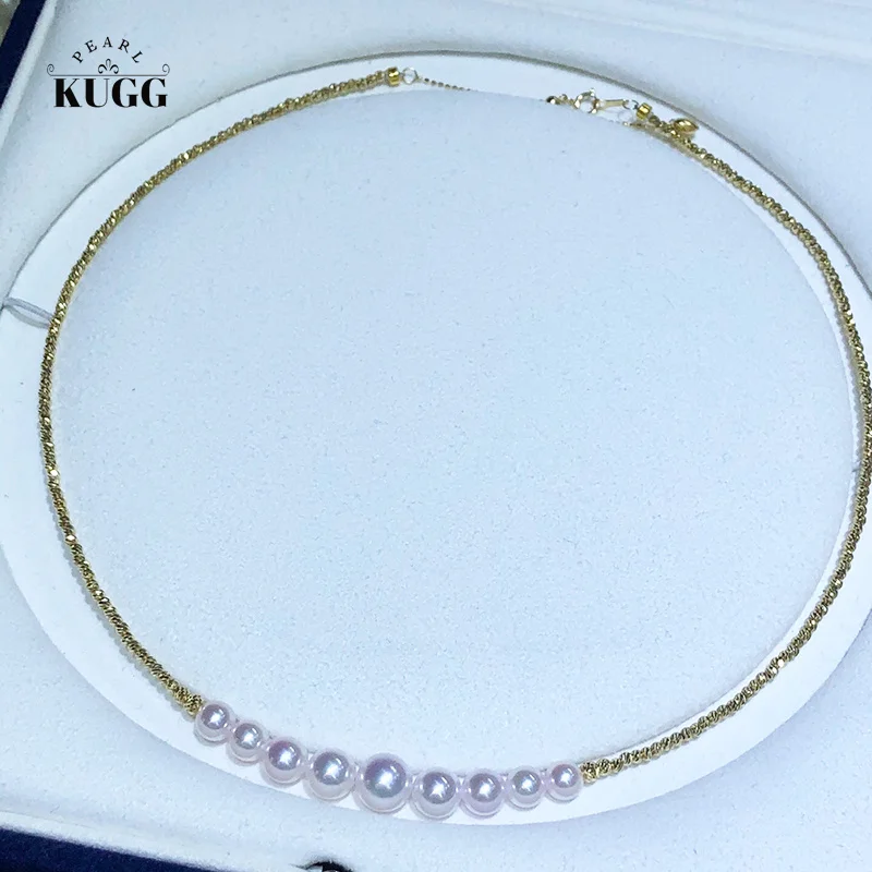 

KUGG PEARL 18K Yellow Gold Necklace 5-8mm Real Natural Akoya Pearl Necklace for Women Shiny High Party Jewelry