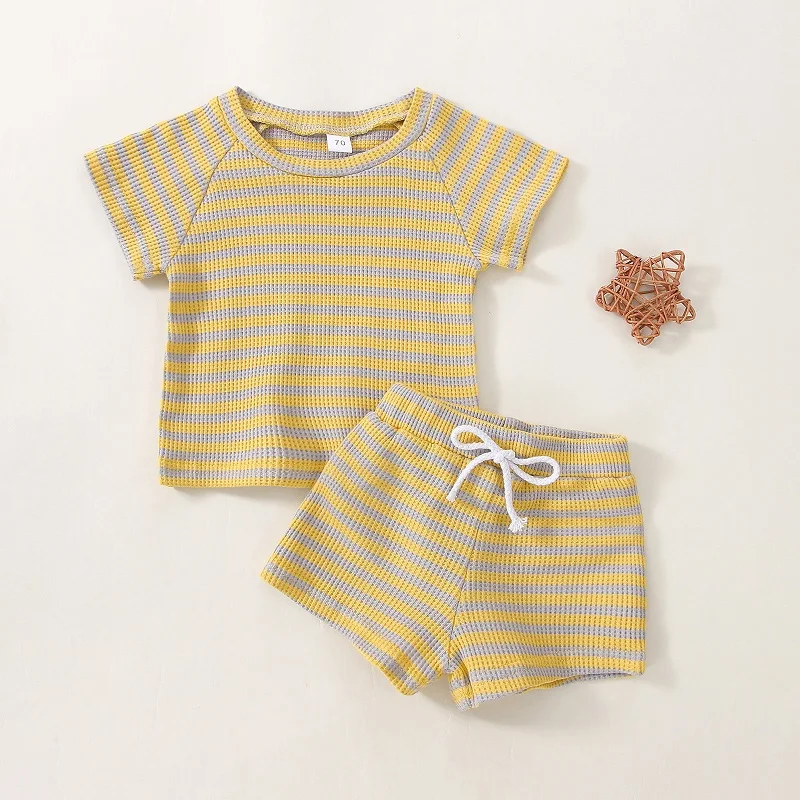 baby clothing set essentials Infant clothes 0-6 years old summer boys striped T-shirt girls baby waffle cotton round neck short sleeve shorts two-piece set baby outfit matching set
