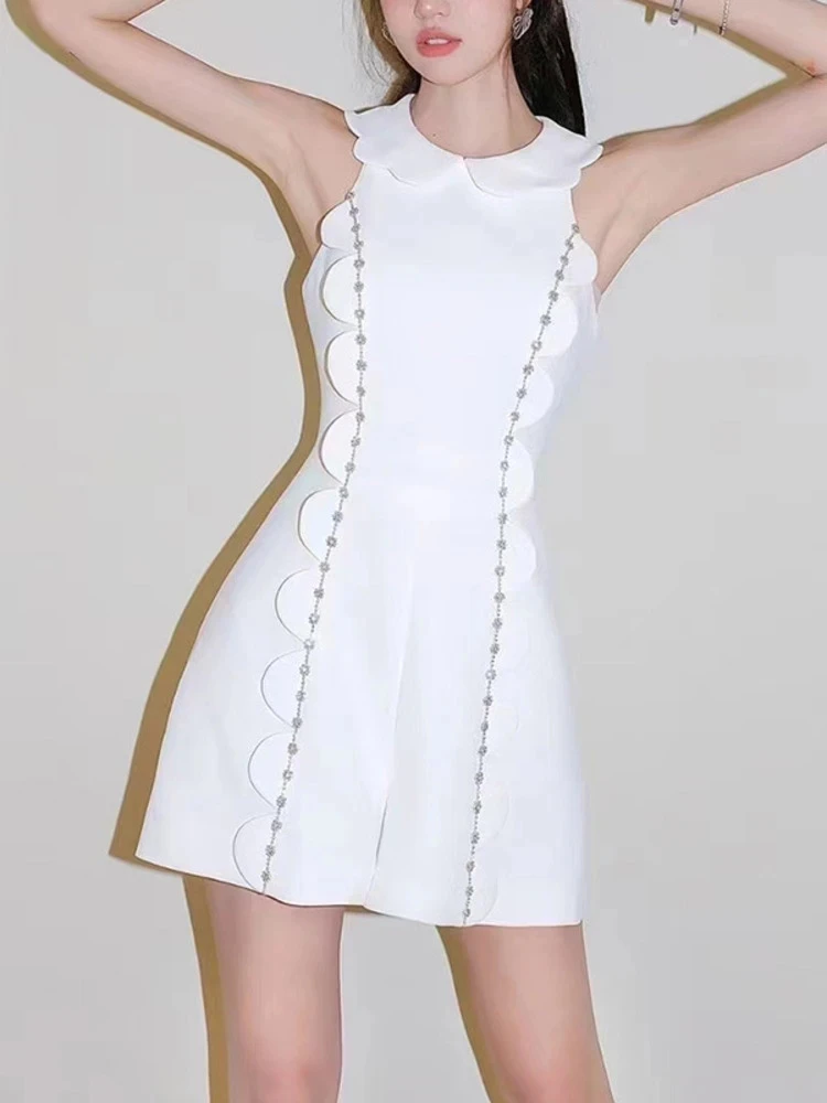 

2023 Summer Luxury Diamonds Playsuit High Quality Female Sleeveless Skinny Bodysuit Slim Rompers Women White Wide Leg Jumpsuits