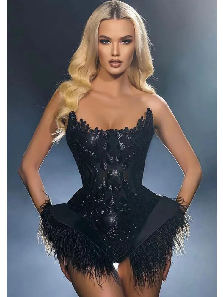 

2023 Luxury Sexy Black Strapless Backless Sequins Feather Women Bodysuit Celebrity Designer Fashion Beachwear Bodysuit