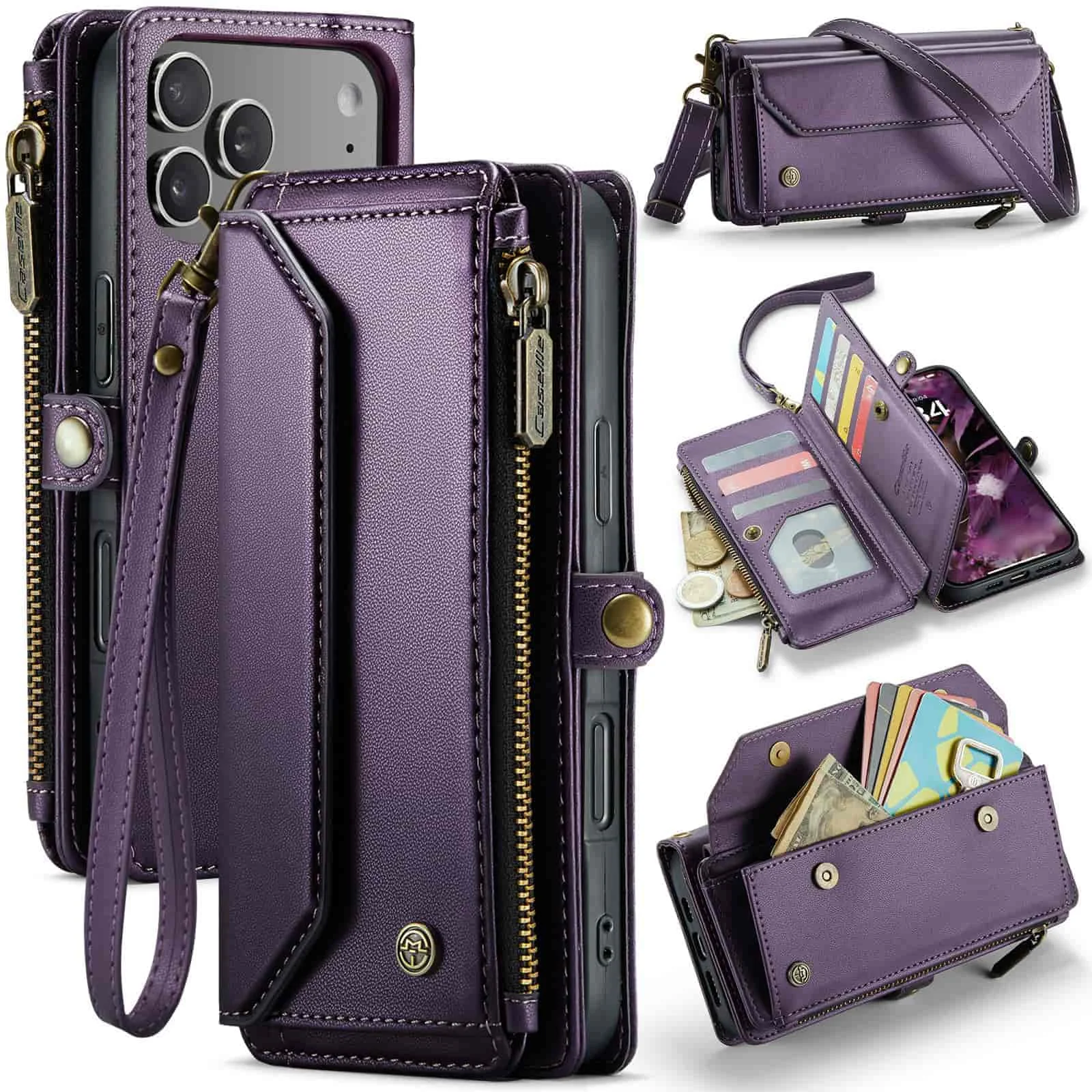for iPhone Air/17/17 Pro/17 ProMax Case Wallet RFID Blocking with 7-Card Holder Zipper Bills,Wristlet Shoulder Strap Wallet Case