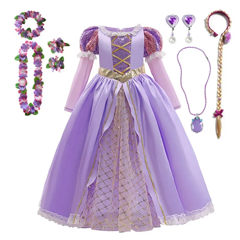 thumbnail image 1 of Disney vestido de princesa para niños, conjunto de disfraz de Rapunzel, Cenicienta, fiesta de cumpleaños, Carnaval, Navidad, ropa de lujo para niñas, 1 of 5