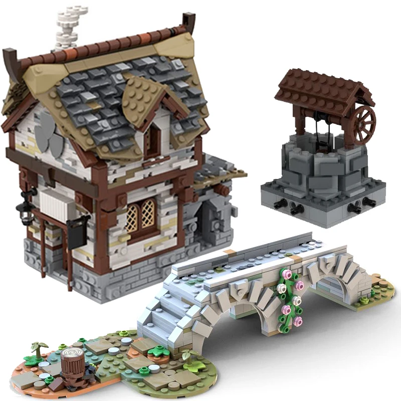 

MOC Medieval Castle Town Tavern Building Blocks Middle Age Construction Cottage Hut Bridge Water Wall Bricks Toys Children Gift