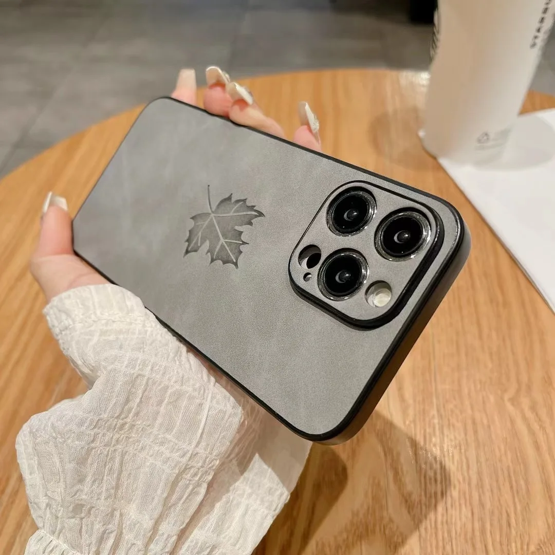 Luxury Maple Pattern Suede Leather Phone Case with Fine Hole Camera and Shockproof Soft Bumper Cover
