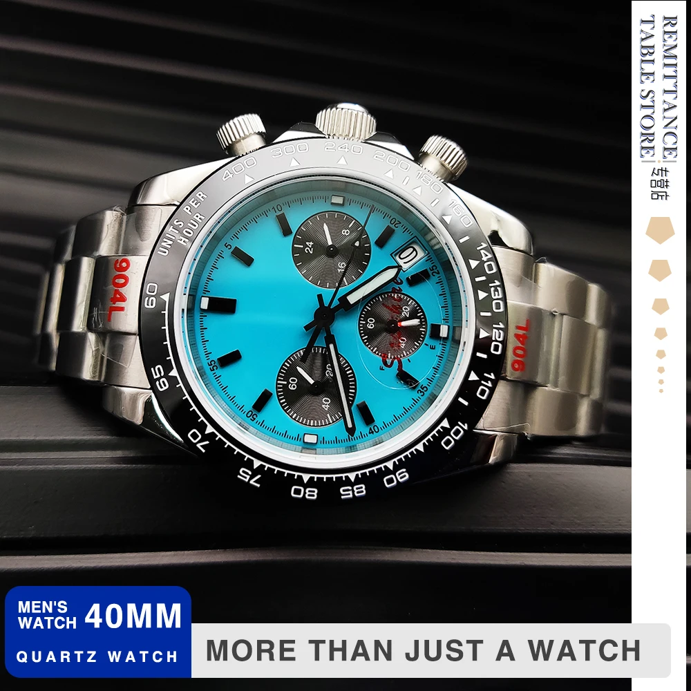 40Mm Mens Blue Panda Orologio Al Quarzo Vk63 Movimento Zaffiro Acciaio Inossidabile Lusso Impermeabile Multifunzione Tre Occhi Cronografo