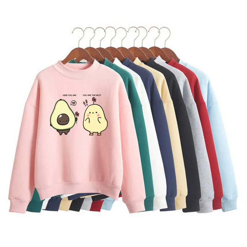 

Cartoon Avocado lovers Print Women Sweatshirt Sweet Korean O-neck Knitted Pullover Thick Autumn Winter Candy Color Lady Clothing