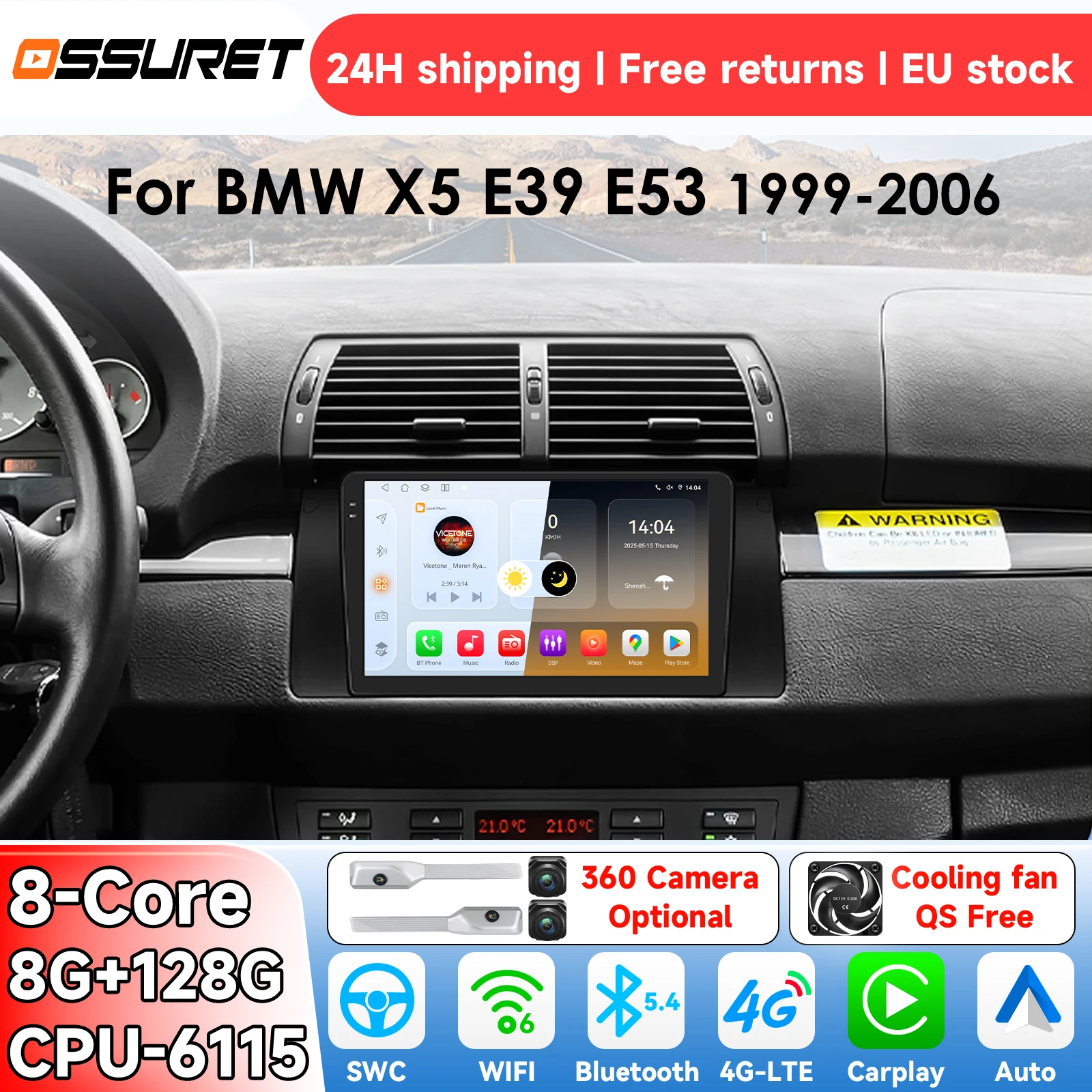 Radio para Auto OSSURET con Android 14 para BMW Serie 5 E39 E53 X5 1995-2006, Sistema Inteligente Carplay, Reproductor Multimedia de Video, GPS, 4G, 6115 1