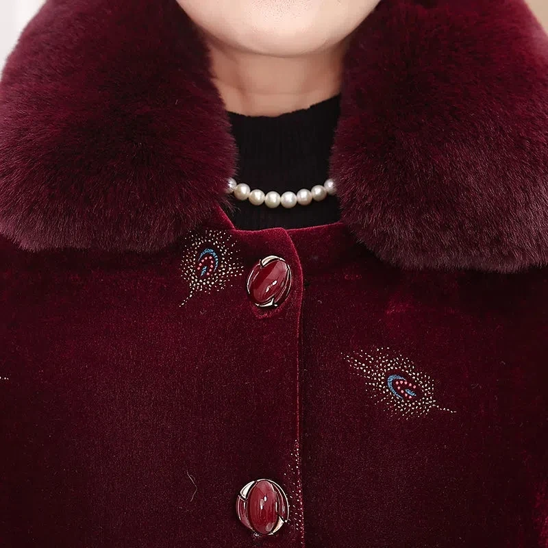 2025 Grandma's Parka Women's Long Cotton-Padded Coat Mother's Winter Velvet Padded Velvet Thickened Wool Collar Cotton Jacket