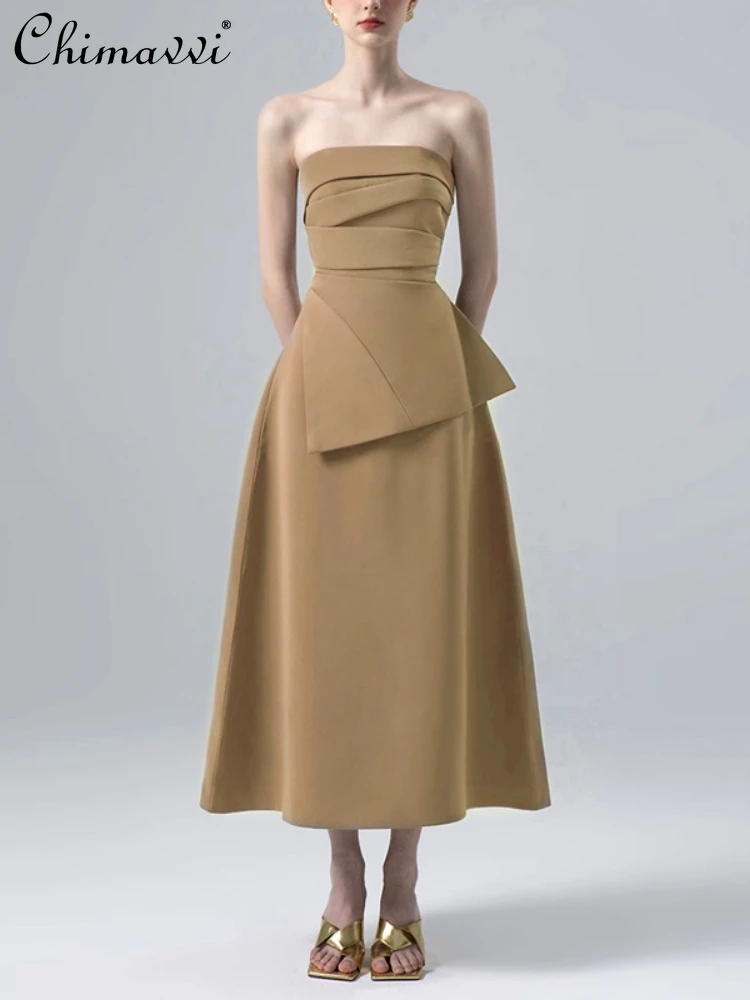 

Модный простой плиссированный Асимметричный топ во французском стиле, облегающее ТРАПЕЦИЕВИДНОЕ длинное платье с высокой талией, костюм из двух предметов, женская одежда