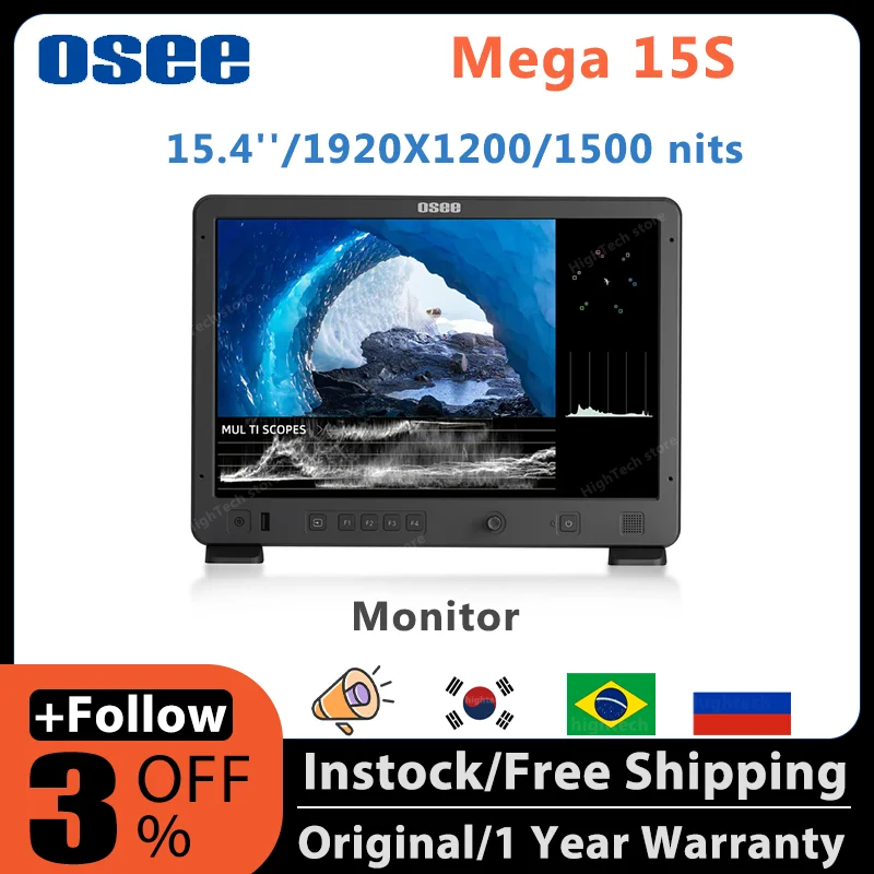 Osee Mega 15S 15.4'' Production HDR Monitor 1500nits 1920X1200 10 bits 1650:1 10 User 3D LUTs SDI pk Megamon 15