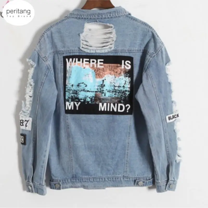 

Женская джинсовая куртка-бомбер с потертостями, винтажная элегантная верхняя одежда с аппликацией и принтом «My Mind», Осеннее модное пальто, 2024