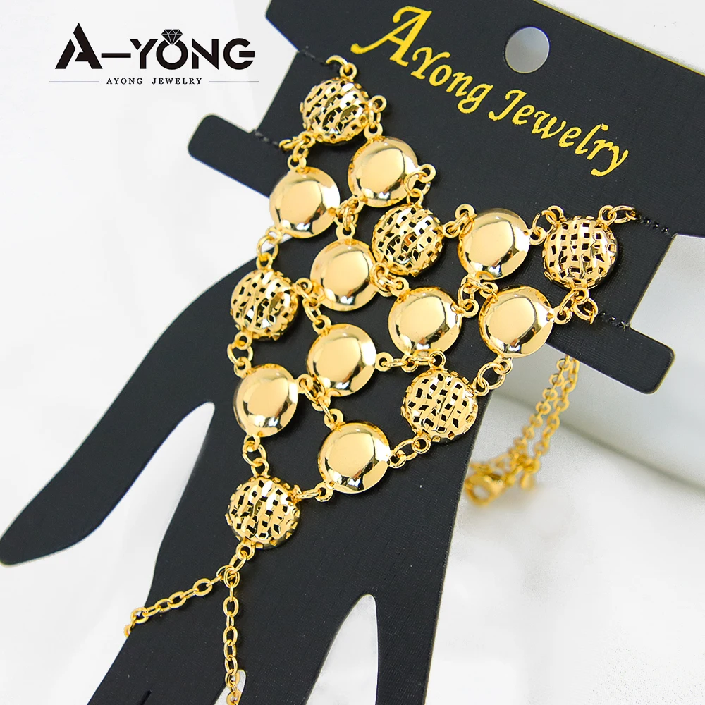 Arabisches Goldfarbenes Armband mit Fingerring, 18 Karat vergoldet, Dubai, luxuriöser schicker Armreif für Damen, Hochzeit, Event, Party, Schmuck – Detail 8