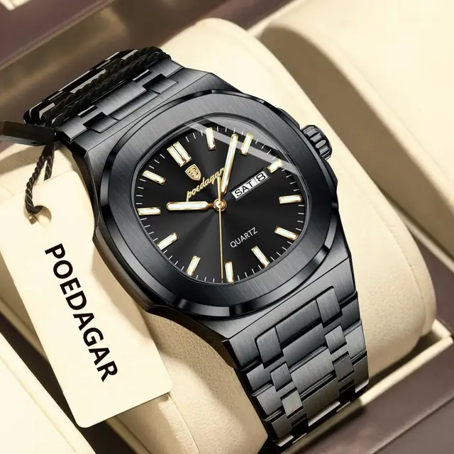 POEDAGAR Original montres carrées pour hommes semaine Date en acier inoxydable homme montre lumineuse étanche luxe hommes montre-bracelet à Quartz 2