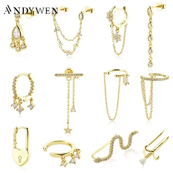 ANDYWEN 925 스털링 실버 골드 아이리스 드롭 귀걸이, 티드로스, 판타지, 파비 커프, 달빛, 키작녀 클립, 피어싱 주얼리